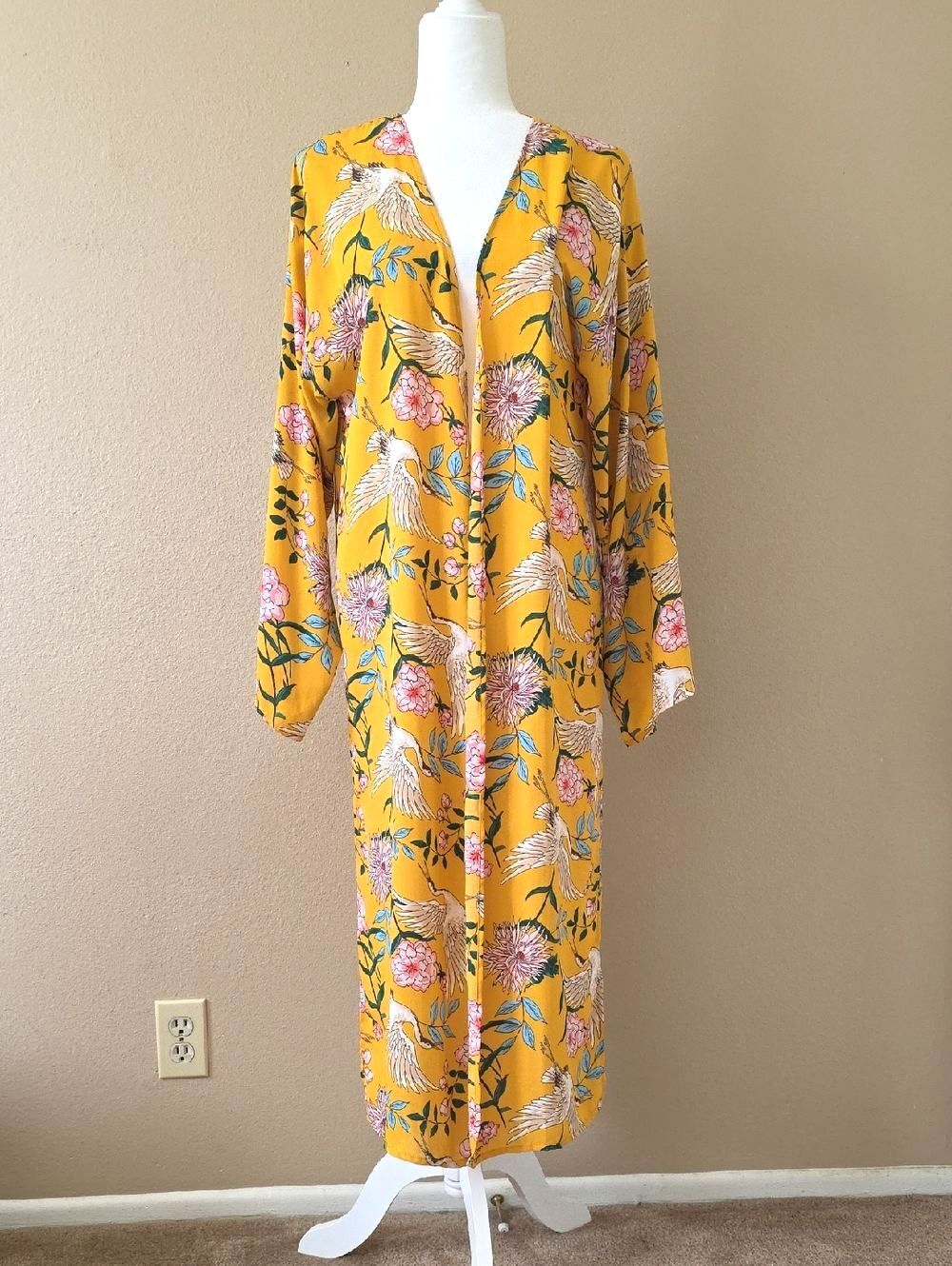 Band of Gypsies Yellow Bird Floral Printed Kimono Coverup - Size Medium